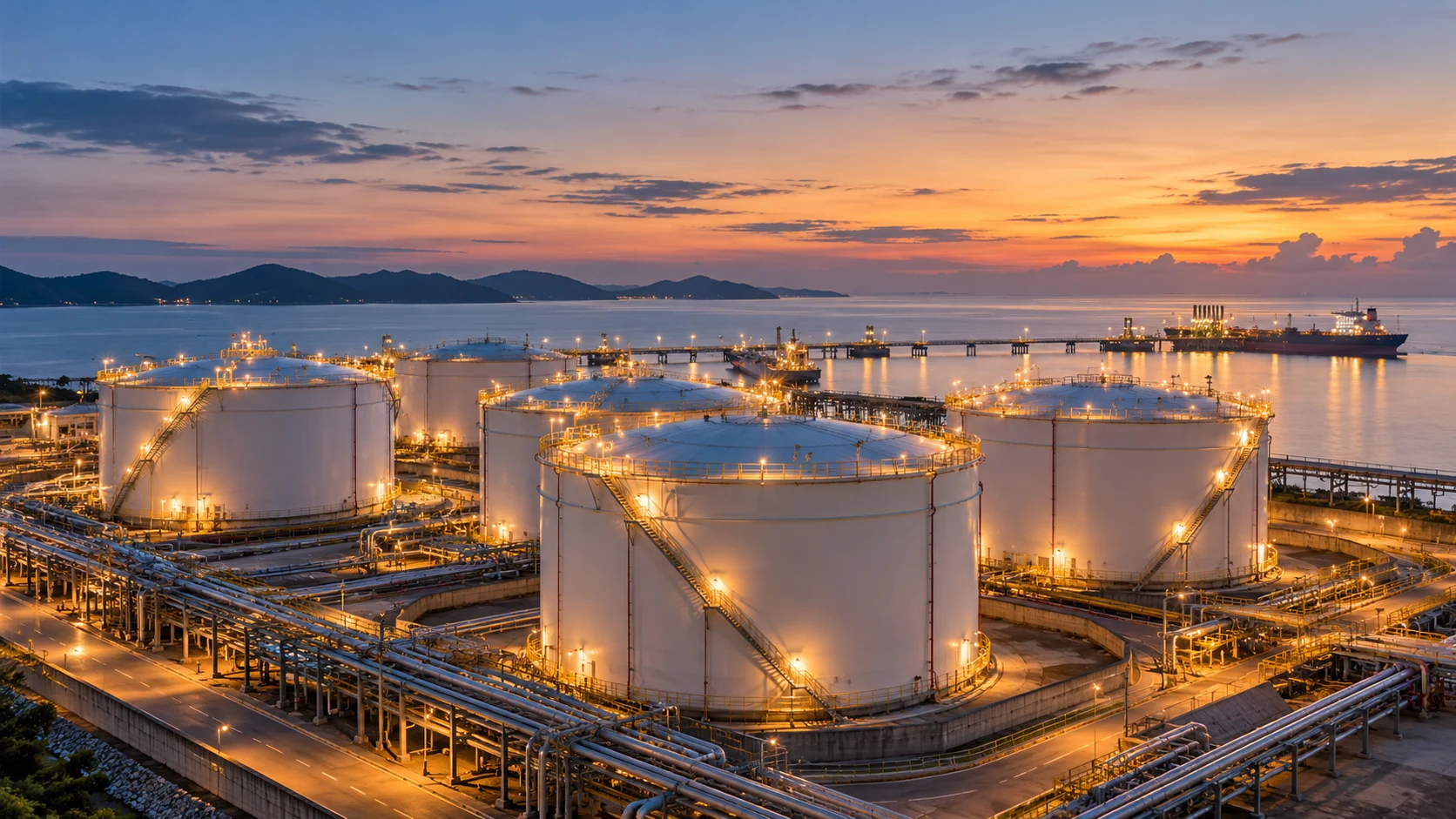 Réservoirs éclairés d'un terminal pétrolier côtier au crépuscule