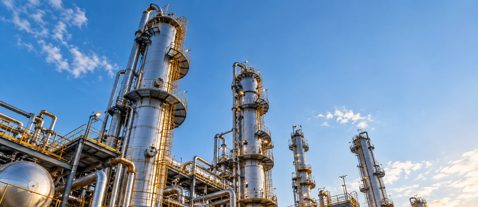 Colonnes de distillation d'une raffinerie sur un ciel bleu